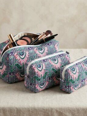 Set Of 3 Block Print Toiletry Bags, Cotton Makeup Bag, Cosmetic Bag Set Gift